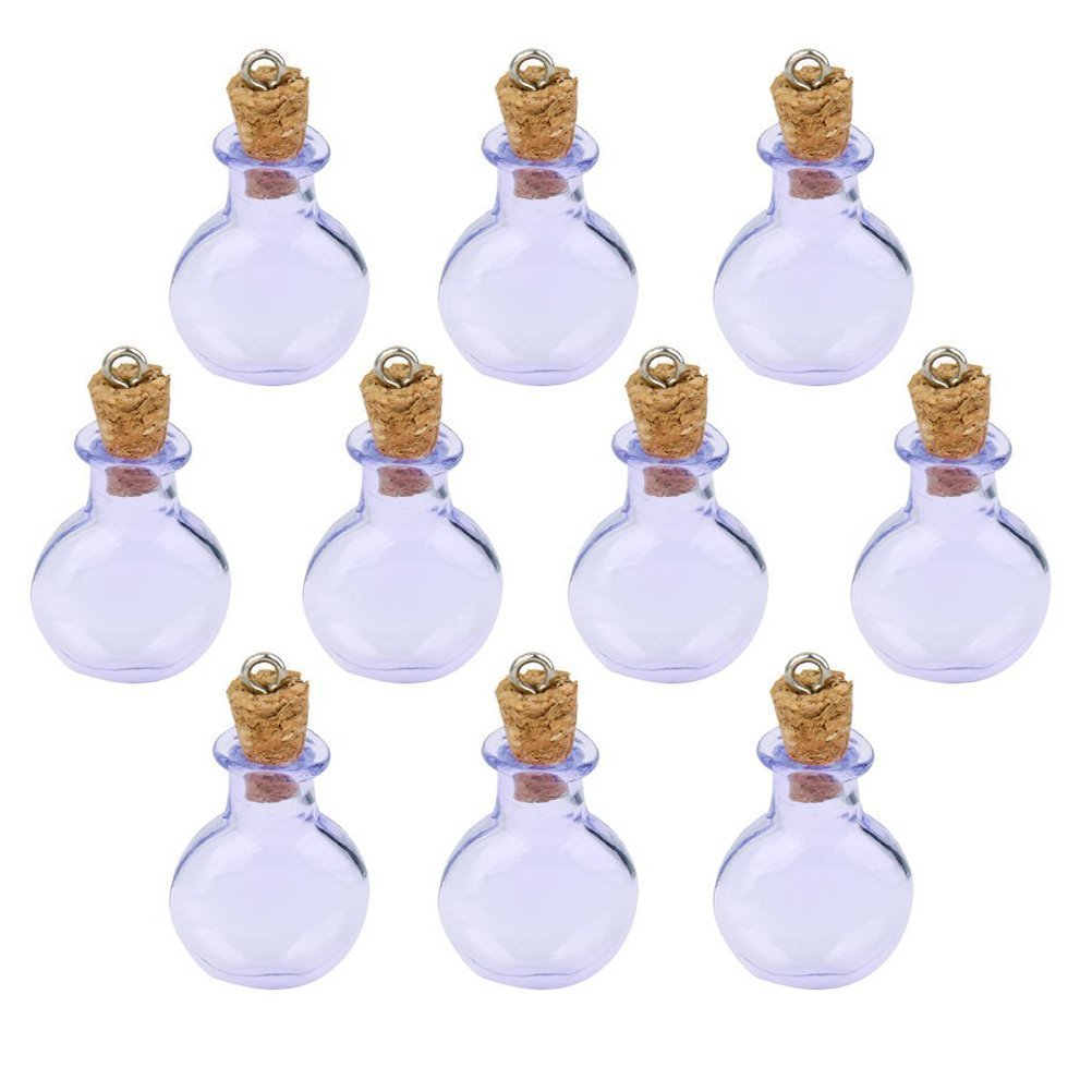 FENICAL 10pcs Mini Tiny Purple Glass Cork Bottles Round Flat Vial Wishing Bottle DIY Pendants for DIY, Arts Crafts, Projects, Decoration, Party Favors