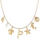 NEKOL Initial P Charm Necklace For Women, Boho Gold Summer Beach Surfer Letter Necklace Starfish Seashell Pearl Turtles Dolphin Charms Pendant, Trendy Pendant Alphabet Choker Necklace Jewelry Gifts