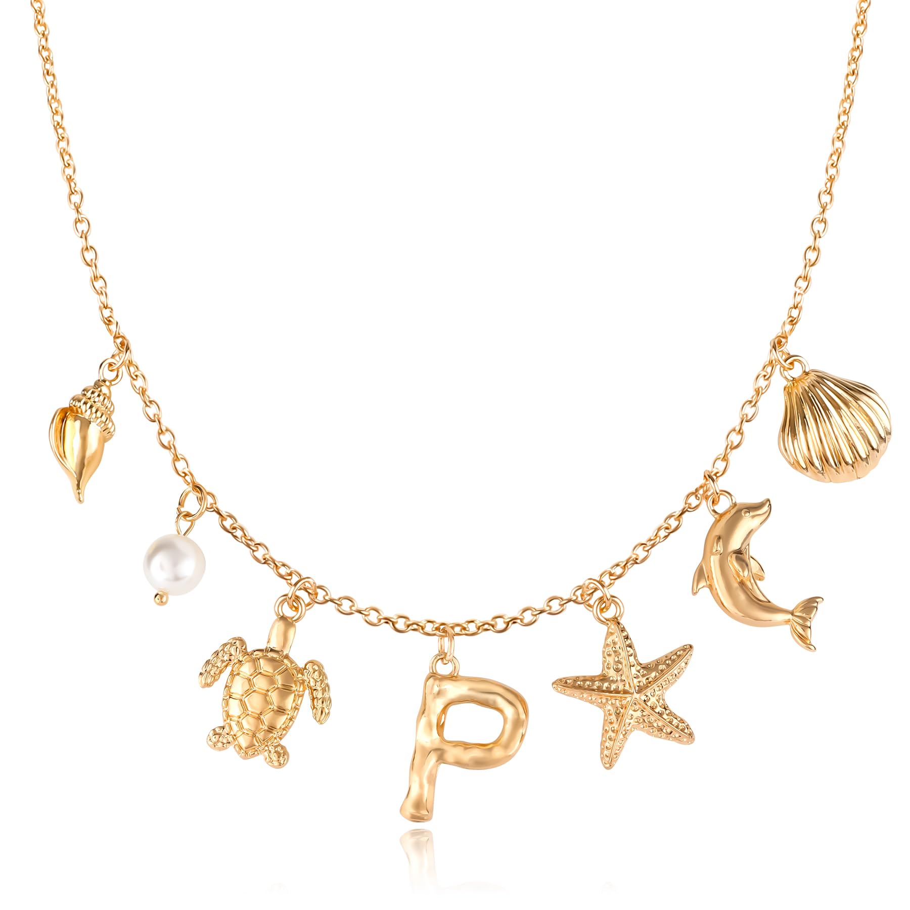 NEKOL Initial P Charm Necklace For Women, Boho Gold Summer Beach Surfer Letter Necklace Starfish Seashell Pearl Turtles Dolphin Charms Pendant, Trendy Pendant Alphabet Choker Necklace Jewelry Gifts