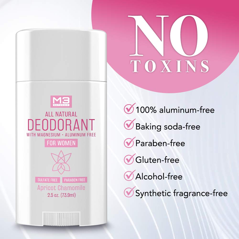 M3 Naturals All Natural Deodorant for Women with Magnesium, Apricot and Chamomile - Long-Lasting, Non-Toxic, Free of Aluminum, Baking Soda, Parabens, Sulfates and Gluten – Vegan, Organic 2.5 oz : Beauty