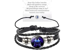bike8 Zodiac Signs Spirit Bracelet Multilayer Adjustable 12 Constellation Black Leather Bracelet Handmade Woven Zodiac Sign Wrap Bracelet Birthday Jewelry Gifts for Women Men