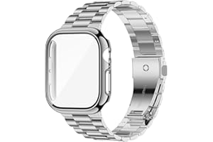 iiteeology Compatible with Apple Watch Band 46mm Series 11 Series 10, Upgraded Stainless Steel Band with iWatch Screen Protector Case for Men Women Silver/Silver