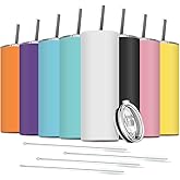 Deitybless 8 Pack Stainless Steel Skinny Tumbler, 20 OZ Double-Insulated Water Tumbler Cup with 8 Straw and 4 Brush, Vacuum Travel Mug Gift for Hot Cold Drinks with Cleaning(Assorted Colors)