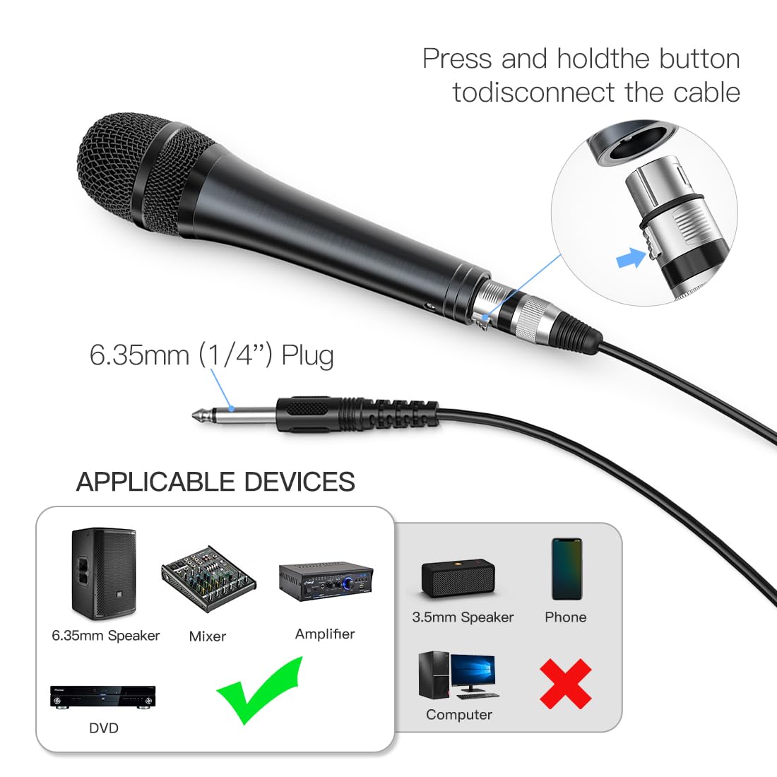 Fifine Karaoke Microphone, Dynamic Vocal Microphone for Speaker, 6.35MM Wired Handheld Mic with On and Off Switch and 14.8ft Detachable Cable-K6