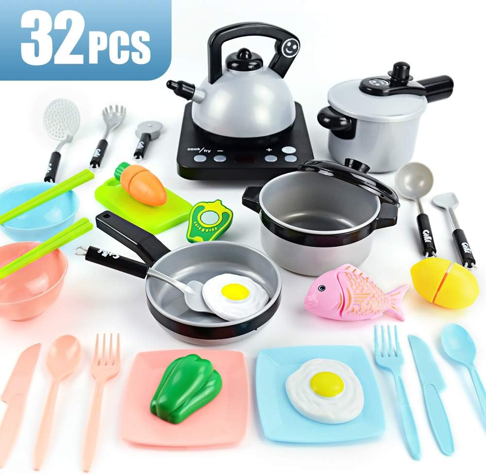 JoyGrow 32PCS Pretend Kitchen Cooking Toys Set Simulated Induction Cooker,Pots,Pans,Utensils,Cookware Playset Cutting Toys,Educational Toys for Baby Toddler Girl Boys