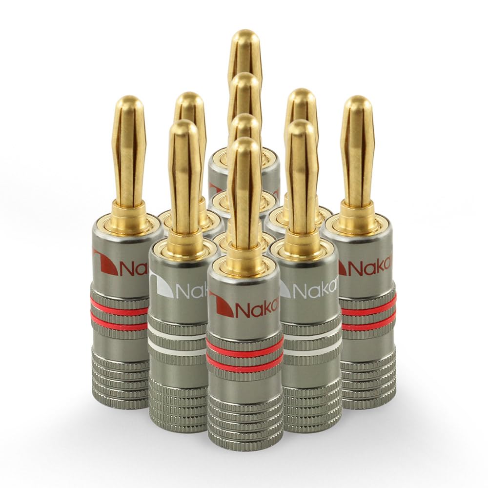 Nakamichi Ultimate Series 24k Gold Plated Beryllium Red Copper Banana Plug 12 AWG - 18 AWG Gauge Size 4mm for Speakers Amplifier Hi-Fi Stereo Receiver Audio Wire Cable Connector 10 Pcs (5-Pairs)