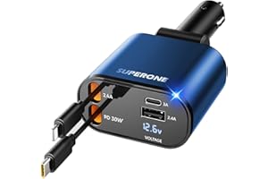 【Upgraded】 SUPERONE Retractable Car Charger 4 in 1, Fast Car Phone Charger with Cord 2.6ft, USB C and Apple Car Charger Adapter, Compatible with iPhone 16 15/15 Pro Max/14/13/12/11, Galaxy, Pixel