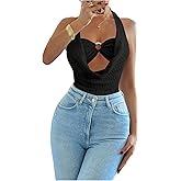 Milumia Women's Draped Neck Halter Bodysuit Cut Out Textured Tie Backless Going Out Leotard Tops