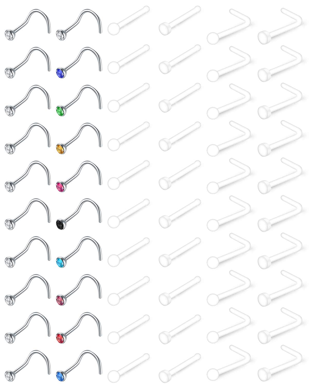 Mayhoop 60Pcs Clear Nose Stud Bioflex Retainer 20G Clear Acrylic & Stainless Steel Clear Nose Studs Nose Screw Nose Studs Piercing Body Jewelry for Men Women