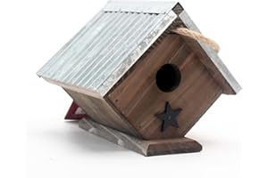 LANGXINESE Cedar Wren House, Metal Roof Bird House for Wrens and Chickadees. Longime Lasting and Easy Cleaning; 5 Years Outdoor Performance, Weatherable. Wooden Birdhouse Bird House