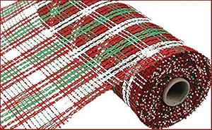 10 Inch x 30 Feet Christmas Deco Poly Burlap Stripe Check Mesh Ribbon (Red White Lime Green)