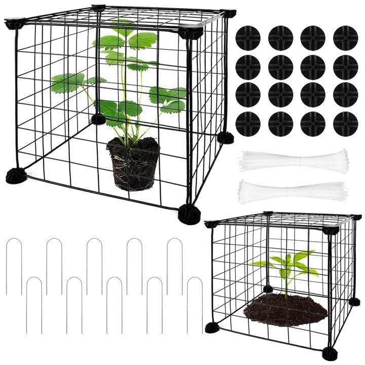 10 Sheet Chicken Wire Cloche for Plants 12x12 Inch Metal Garden Plant Protectors from Animals Square Wire Plant Cages Mesh with Stakes 200 Ties for Protecting Flower Vegetable from Chicken (Black)