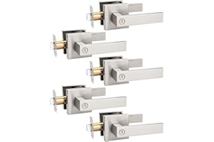Tinewa 5 Pack Privacy Square Brushed Nickel Door Handles Interior, Keyless Door Knobs for Bedroom/Bathroom, Reversible for Left Right Handed Doors