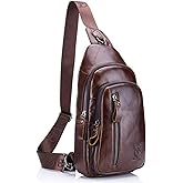 Hebetag Leather Sling Bag Crossbody Backpack for Men Women Travel Outdoor Business Casual Shoulder Chest Bags Day Pack Daypack Brown