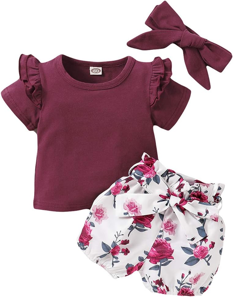 SANMIO 3PCS Newborn Toddler Baby Girl Clothes Outfits, Floral Ruffle Short Sleeve Tops + Pant Set with Headband