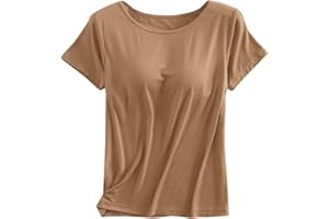 Womens Shirts with Built in Bra Short Sleeve Shirts Summer Casual Athletic Workout Yoga Shelf Bra Padded T Shirts Tops