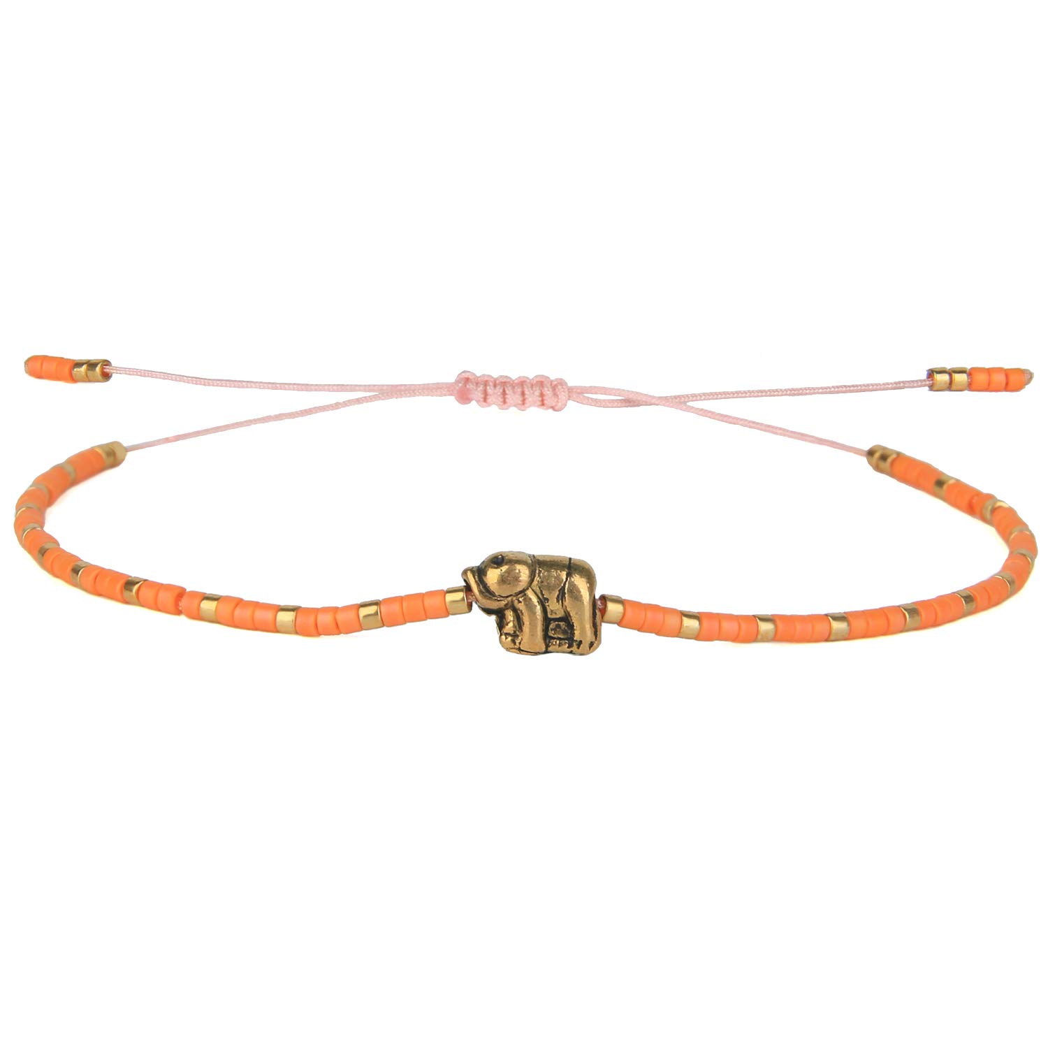 KELITCH Gold Elephant Seed Beaded Bracelet Good Fortune Strand Bracelets Handmade Fashion Jewelry (Orange 8I)