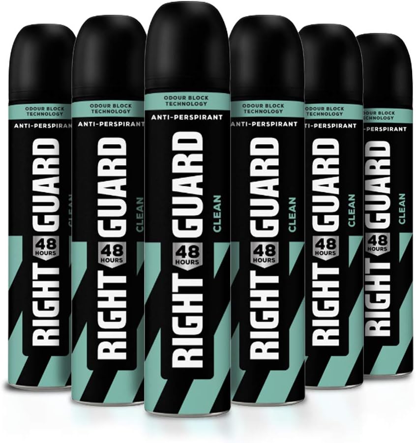 Right Guard Mens Deodorant, Total Defence 5 Clean 48H High-Performance Anti-Perspirant Spray, Multipack 6 x 250 ml