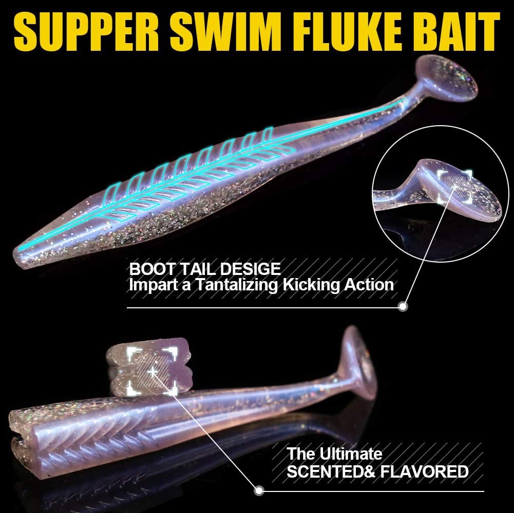 Swim-Fluke-Bait-for-Bass-Fishing-Lure-Paddle-Tail-Soft-Plastic-Baits Kit 4 - 5 Inch Pack of 25 (39PC Swimming Fluke Rig Kit) : Sports & Outdoors