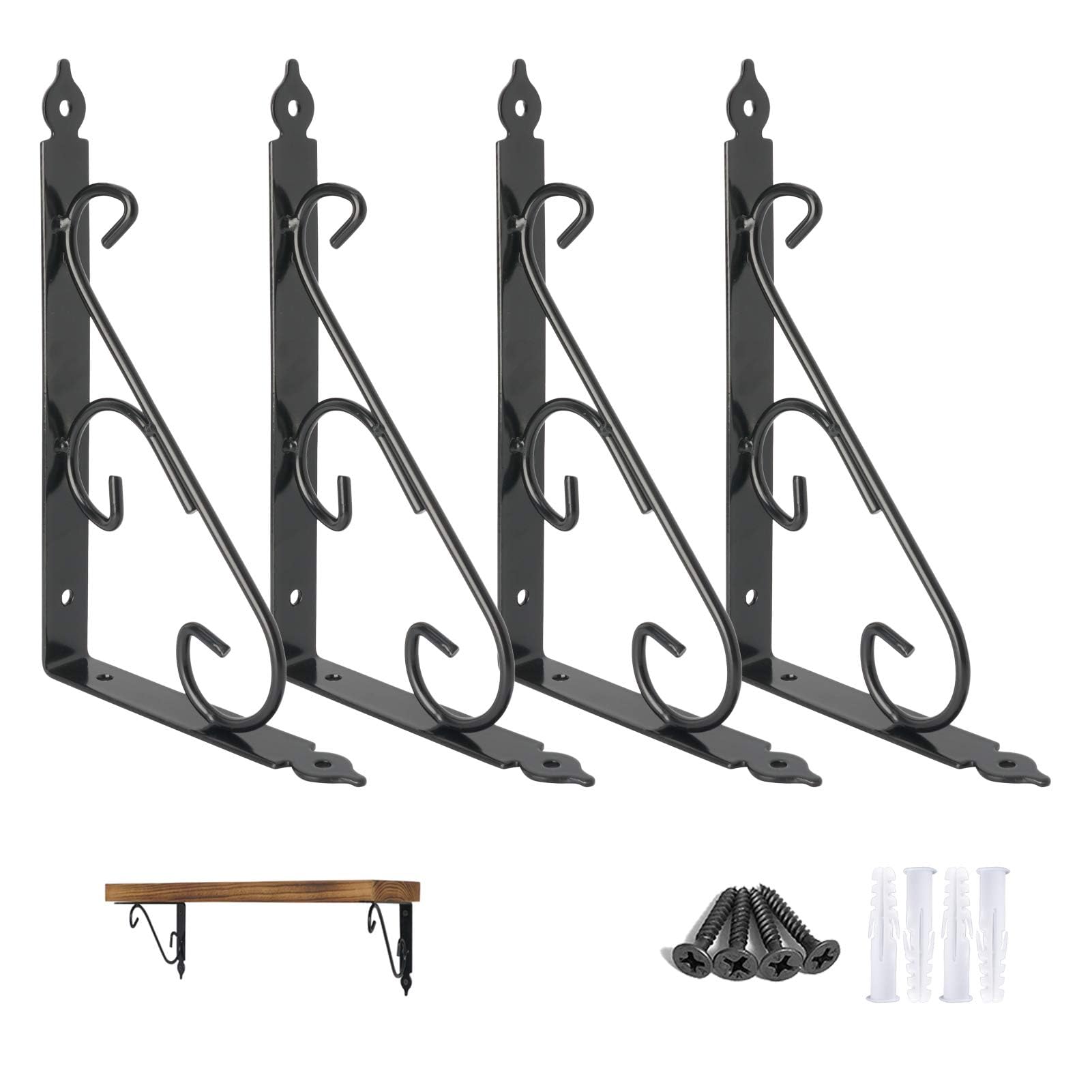 Ouvin Decorative Wall Shelf Brackets 4 Pack 14inch Heavy Duty L Corner Brace Shelf Support Floating Metal Brackets with Screws (350 mm/14 inch) Black