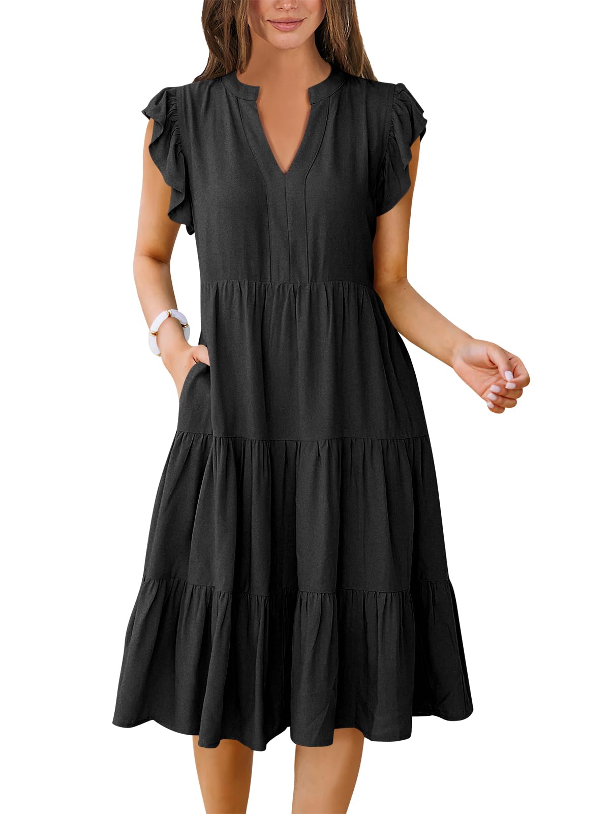 Photo 1 of ANRABESS Womens Summer Dress Ruffle Sleeve V Neck Midi Dresses Fashion Casual Fit Flowy Tiered Boho Beach Vacation Sundress Black-M