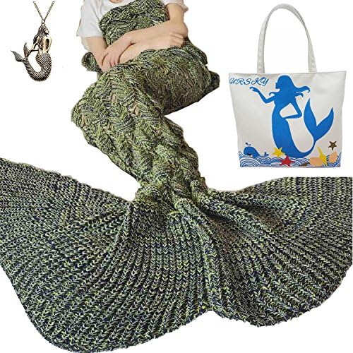 URSKY Crochet Knitted Sofa Living Room Mermaid Tail Blanket, Cozy and Soft All Season Mermaid Tail Pattern Throw Sleeping Bag For Adult, Teens and Child (Scale Fancy Tail Spot Yellow)