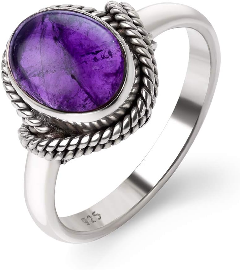 Chuvora 925 Sterling Silver Amethyst Gemstone Oval Rope Edge Vintage Band Ring Size 6, 7, 8
