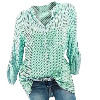 TianWlio Langarm Bluse Damen Frauen Mode Lässige Mode V-Ausschnitt Plus Size Print Langarm Knopf Taschen Shirt Top Bluse