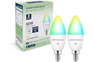Lightinginside Matter Candelabra Smart Light Bulbs 50W Equivalent 5W 550LM, 88+CRI, RGBCW Ceiling Fan G16.5 E12 Bulb, ETL Lis
