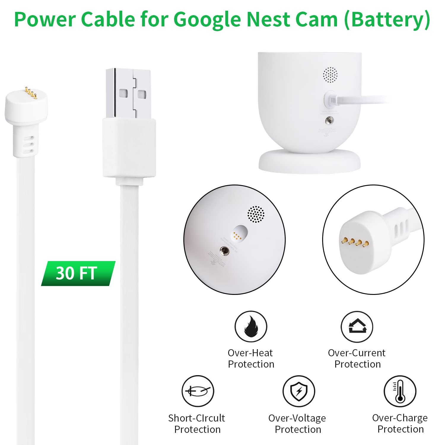 Google Nest Cam (Battery) Power Cable 30ft/9.1m Waterproof Outdoor Cable for Continuous Charging Nest Camera (White)