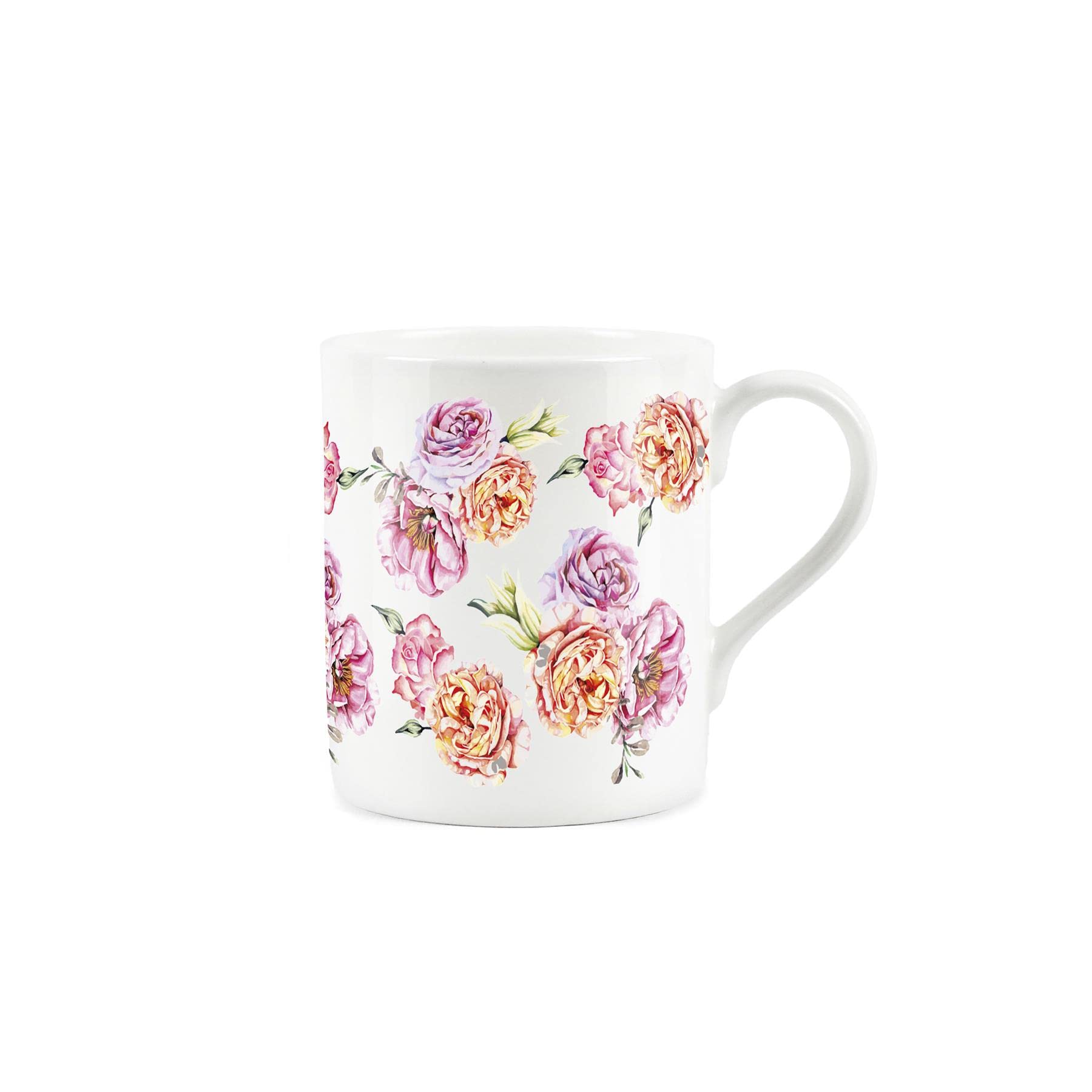 Purely Home Pink Rose Print Mug - Painted Florals Collection - Small Fine Bone China White Mug Present Gift