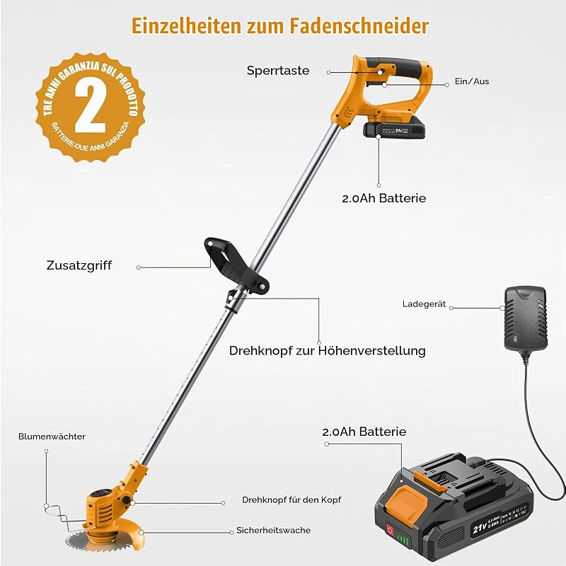 Rasentrimmer mit Akku 21 V, Freischneider mit 2 Akkus à 2,0 Ah