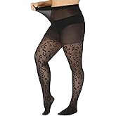 Yilanmy Patterned Plus Size Tights Polka Dot 40D High Waist Black Leopard Sheer Pantyhose for Women