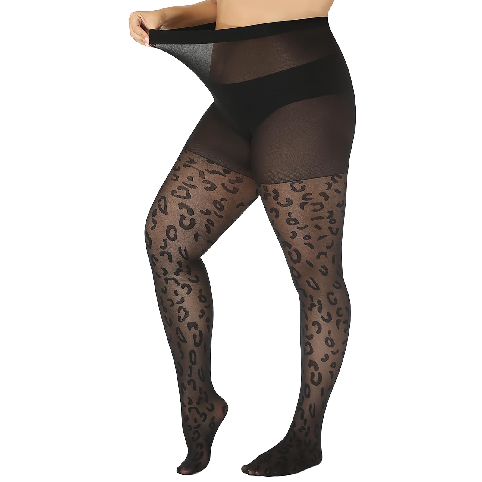 Photo 1 of Yilanmy Plus Size Patterned Tights 40D Sheer Pantyhose High Waist Black Polka Dot Tights Halloween Tights for Women(Leopard, XL-XXL)