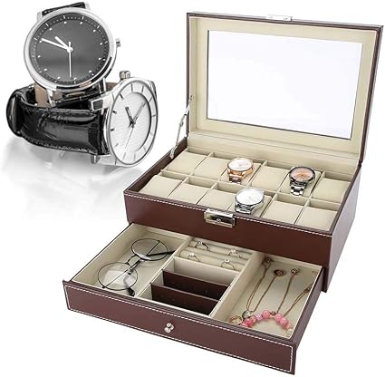 Caja de joyería Caja de almacenamiento con cerradura, capas dobles 12