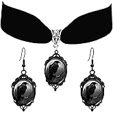 Halloween Jewelry Set for Women Gothic Cameo Necklace Earring Set Vintage Black Velvet Bat/Raven/Witch Glass Pendant Necklace Earrings Victorian Vampire Costume Accessories