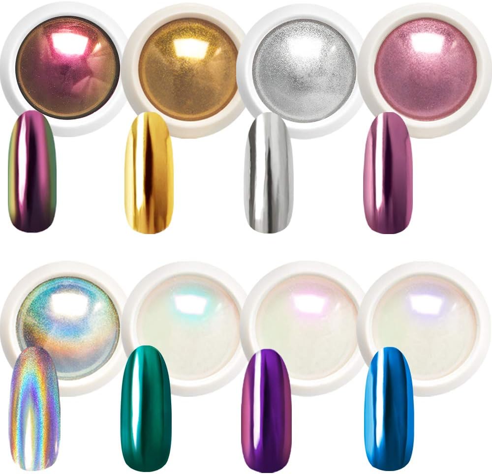 Beetles Chrome Nail Powder Mirror Effect Holographic Laser Aurora Iridescent Pearl Chameleon Manicure Art Decoration Glitter, 8 Colors 1g or 0.5g/Jar