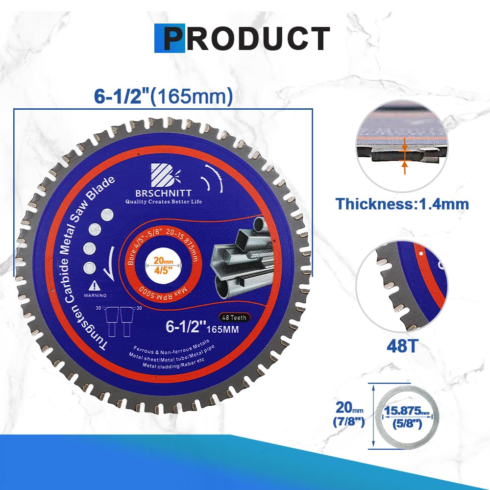 Kreissägeblatt Metall 165mm 20/15.875MM|48T TCT Metallkreissägeblatt zum Schneiden von Stahl, Aluminium, Kupfer, Metall Baustahl, für Kreissäge und Kappsäge | Metallsägeblatt 2