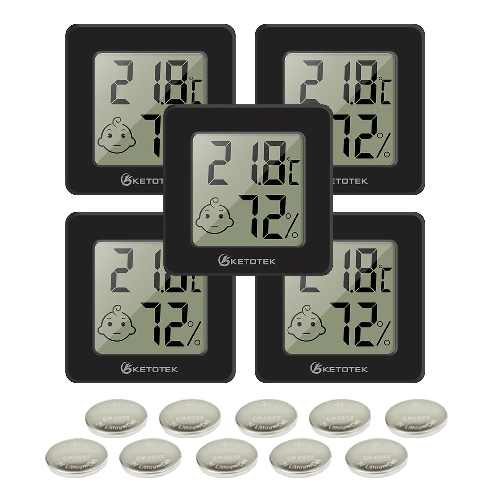 KETOTEK 5 Pack Indoor Hygrometer Room Thermometer Digital Mini Humidity Meter Temperature Monitor with Climate Indicator for Baby Room Greenhouse