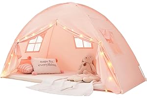 Akiky Bed Tent Bed Canopy Twin Size with Bottom,Kids Tent with Lights Portable Foldable Bunk Bed Curtains for Girls Boys (Pink, Twin)