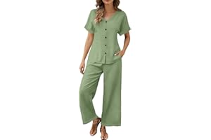Lmdudan Women's Linen 2 Piece Outfits Lace Short Sleeve Tops and Wide Leg Pants Tracksuit Lounge Matching Sets Vacation Beach