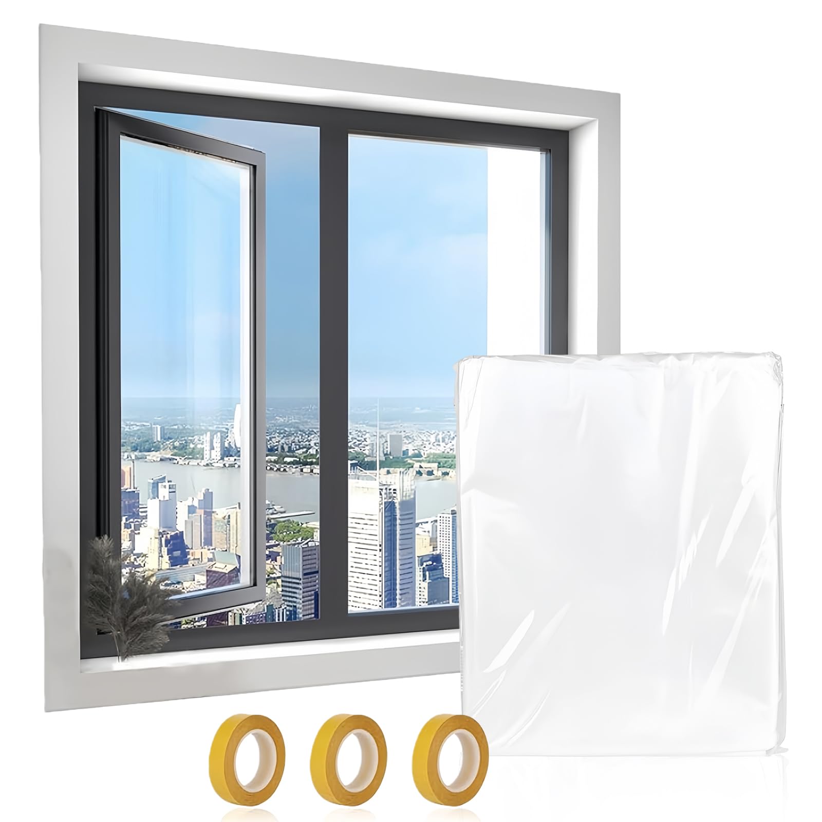 Indoor Window Shrink Film Kit 1.6m x 12m, Double Sided Tape 1.5cm x 20m x 3 Rolls, POF Insulating Shrink Film for Windows, High Definition Transparent