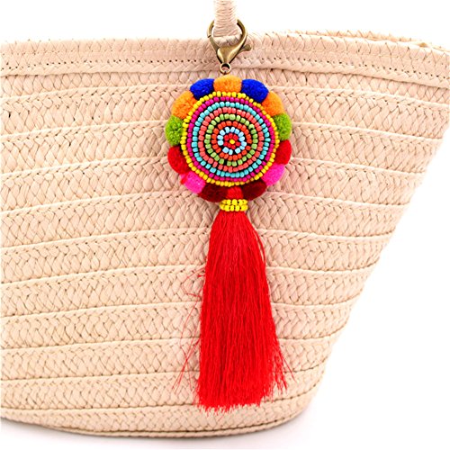 QTMY Big Pom Pom Beads Tassel Long Bag Pendant Charm Keyring Keychain for Women Purse Handbag Decor