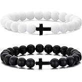 MOO&LEE Beaded Cross Bracelet for Men 8mm White and Black Bead Black Cross Bracelets Unisex
