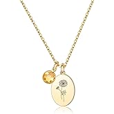 JRLCTECH Birth Flower Necklaces for Women, 18K Gold Plated Dainty Birthstone Pendant Necklaces Trendy Handmade Oval Coin Birth Month Flower Jewelry Birthday Gifts for Women Girls Teens