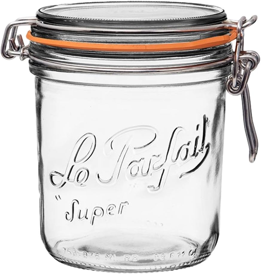 Le Parfait Super Terrine - 750ml French Glass Canning Jar w/Straight Body, Airtight Rubber Seal & Glass Lid, 24oz/Pint & Half (Pack of 6) Stainless Wire