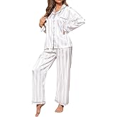 Pajamigols Womens Satin Pajamas Set 2 Piece Lounge Sets Silk Pjs Striped Loungewear Button Down Sleepwear