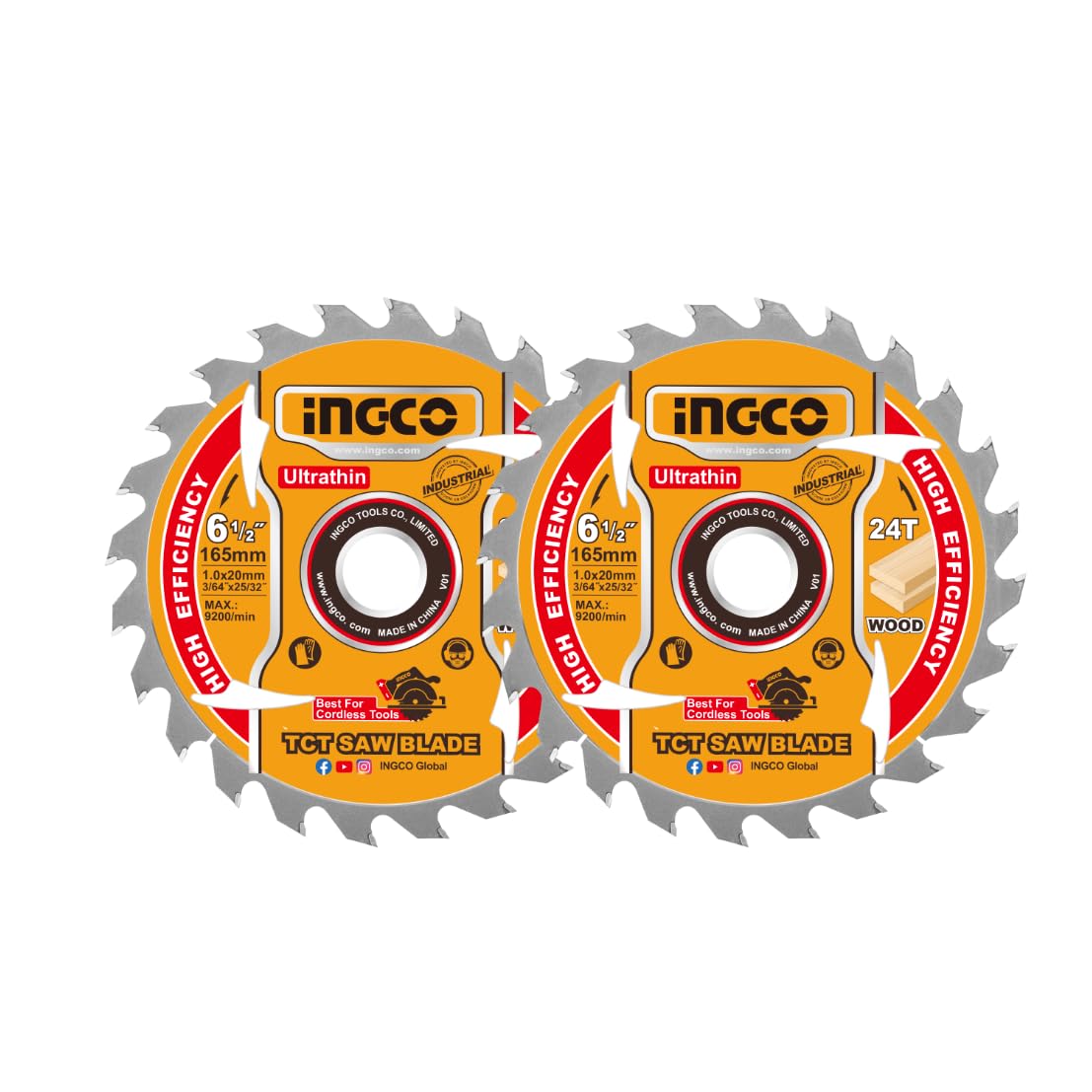 INGCO 2-Pack 165mm Ultra-thin TCT Saw Blade Set 24T, 20mm Arbor, 16mm Reduction Ring TSB1653