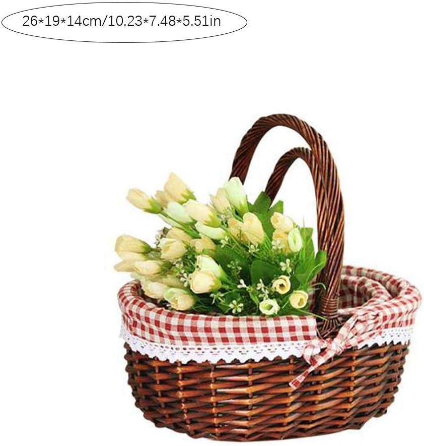 HoneybeeLY Handmade Wicker Basket with Handle, Wicker Camping Picnic Basket with Double Lids, Shopping Storage Hamper Basket with Cream Lining, Two Colors, S/L (S, Red-brown)