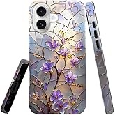 Case for iPhone 17,Lustrous 2-Layer Durable Case for Girl Women,Blossom Floral Stained Glass Purple